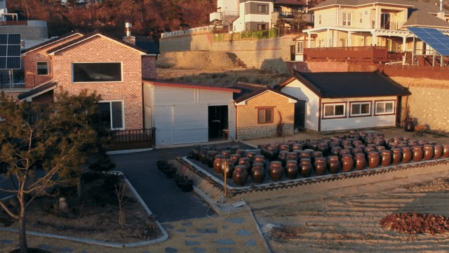 마당에 놓인 전통 한국 항아리