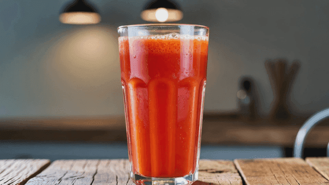 Glass of fresh tomato juice on table