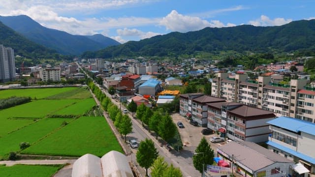 산이 보이는 도시의 경치