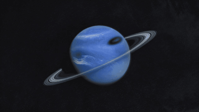 고리와 함께 있는 푸른 행성의 먼 모습