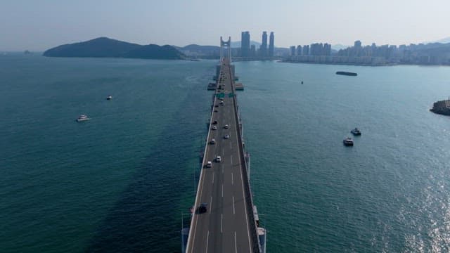 Busy Gwangan Bridge over the sea connecting the coastal city of Busan