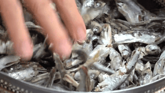 육수망에 담기는 말린 멸치들