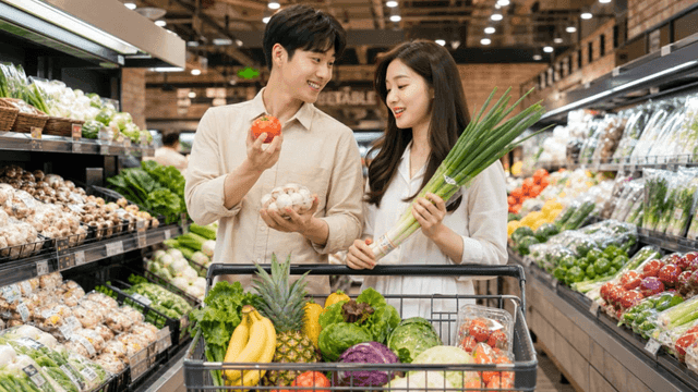Couple shopping for fresh produce at grocery store