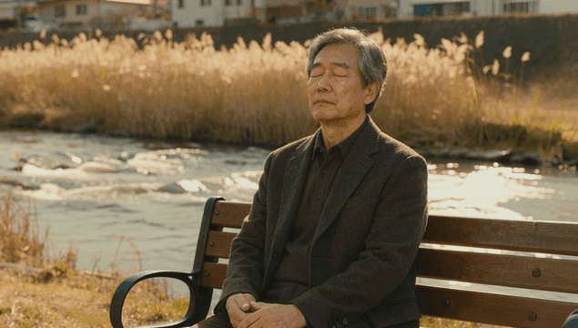 강가 벤치에 앉아 있는 노인 남성