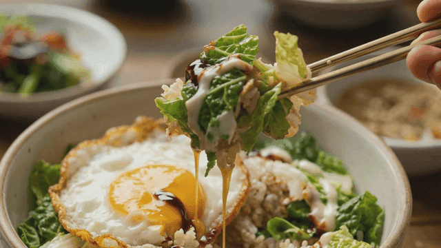 Bowl of rice topped with fried egg and lettuce