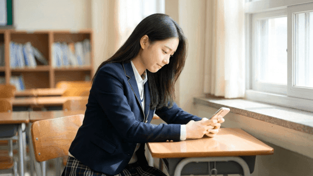 Female student smiling while looking at smartphone