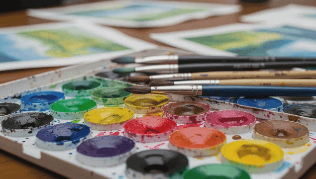 다채로운 수채화 물감과 붓