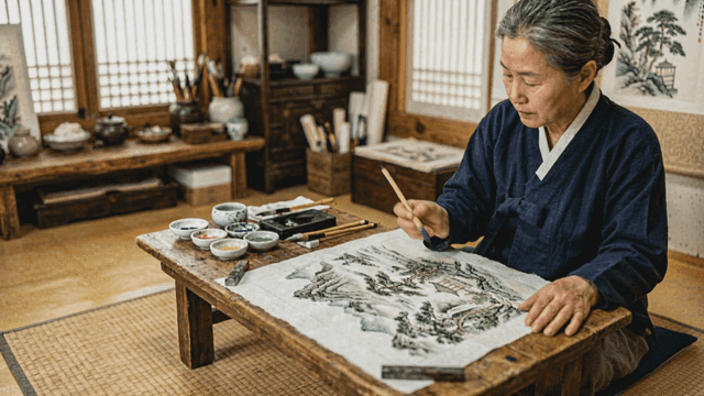 Elderly woman painting Korean art in traditional room