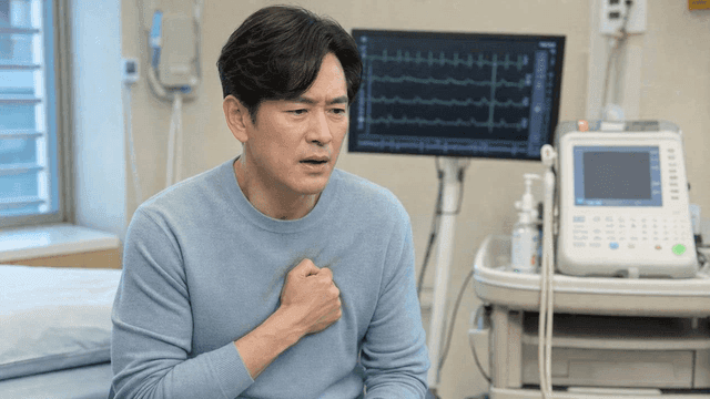 Male patient in hospital room holding his chest