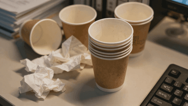 종이컵과 구겨진 휴지가 있는 사무 책상