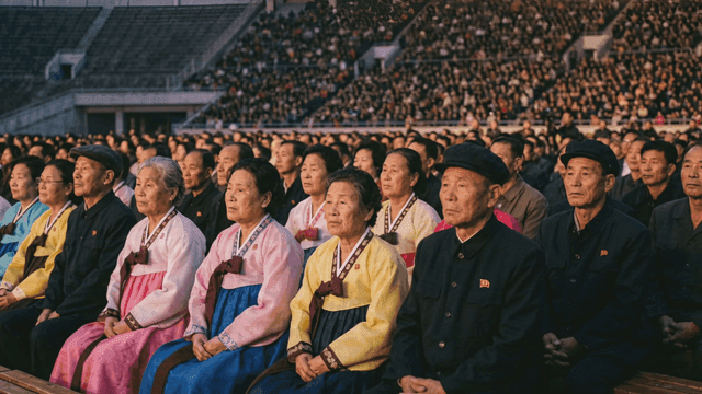 Many spectators wearing traditional Hanbok at North Korean event