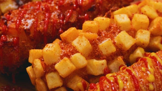 바삭하게 구워진 여러 종류의 핫도그