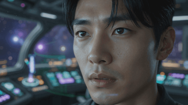 Person in future spaceship command center
