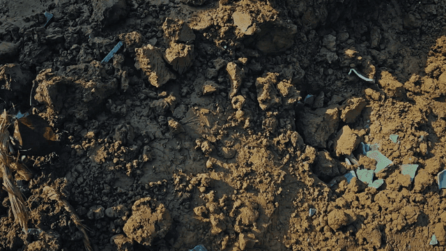Broken pottery remains revealed in soil
