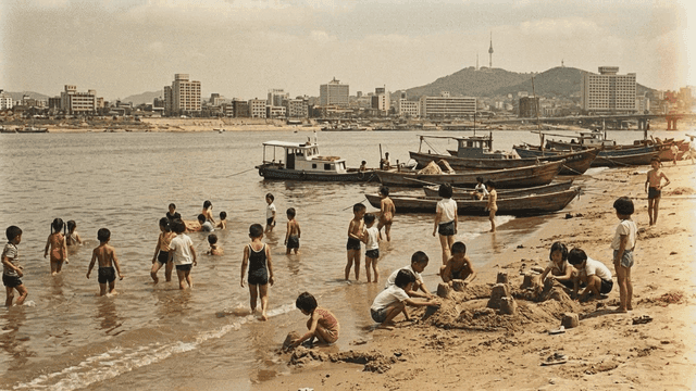 Children playing on sandy beach by river