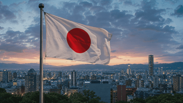 City night view with Japanese flag