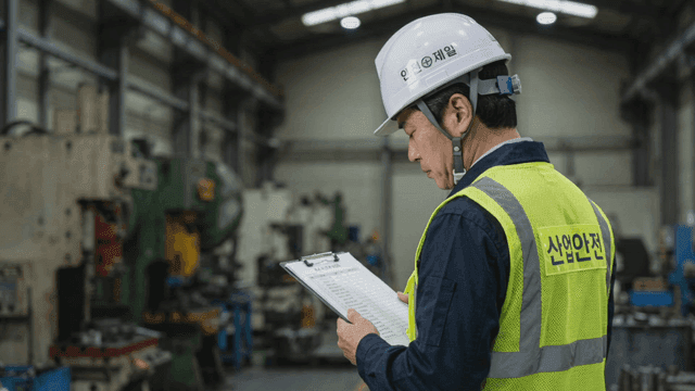 Worker inspecting machinery in factory