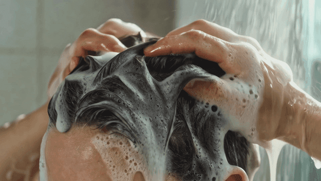 Man washing his hair with shampoo while showering