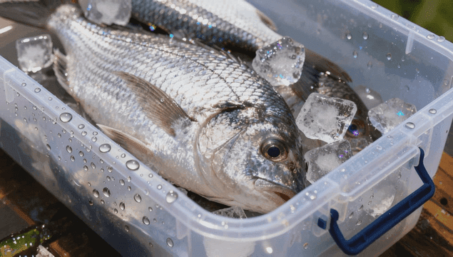 얼음과 함께 플라스틱 통에 담긴 신선한 생선