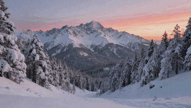 Snow-covered mountains in evening