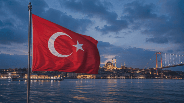 Turkish flag waving near bridge at night