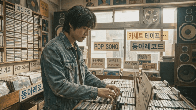 Man choosing records at 80s vintage store