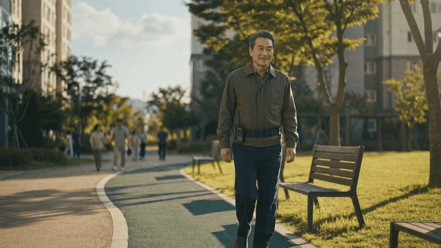 Elderly security guard walking in sunlit apartment park