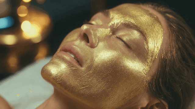 Woman wearing gold face mask