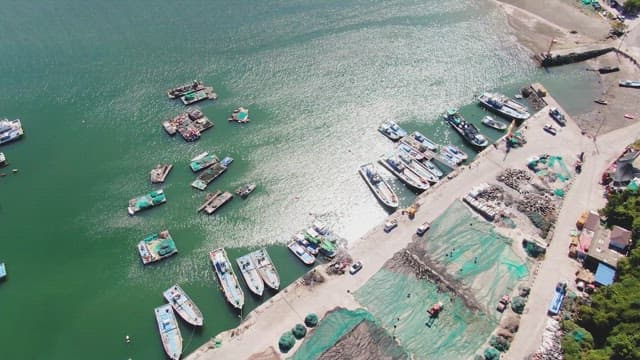 보트와 녹지가 있는 해안 마을