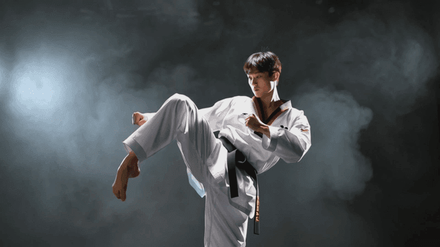 Taekwondo athlete performing high kick
