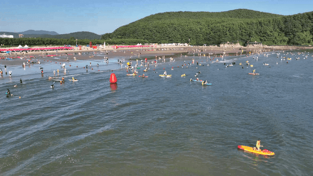 Crowded beach where people enjoy paddleboarding