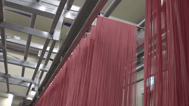 공장에서 걸려 있는 분홍색 국수