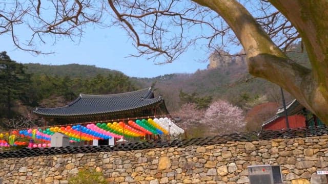 Traditional Korean Temple with Colorful Lanterns