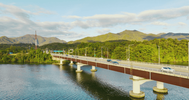 Bridge over a river with mountains