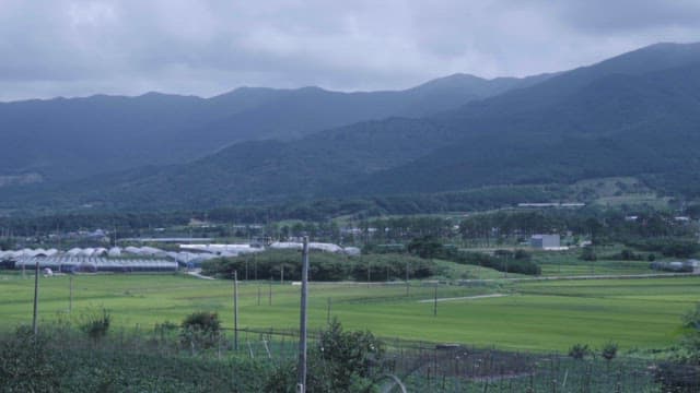 산 아래 비닐하우스와 농경지가 펼쳐진 농촌마을