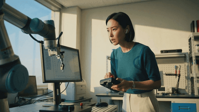 Engineer operating a robotic arm in a lab