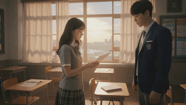 방과후 해질녘 교실에서 종이를 읽는 남녀학생