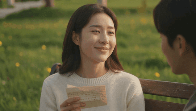 데이트 중 공원 벤치에서 편지를 읽고 기뻐하는 여성