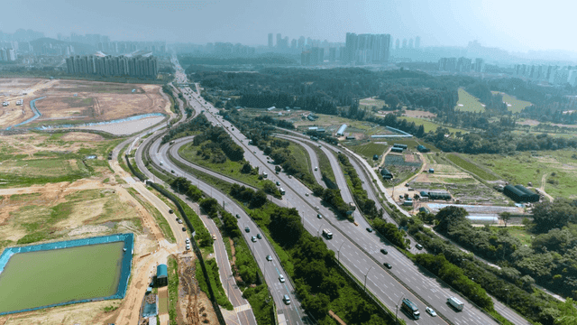 Aerial view of highways and cityscape