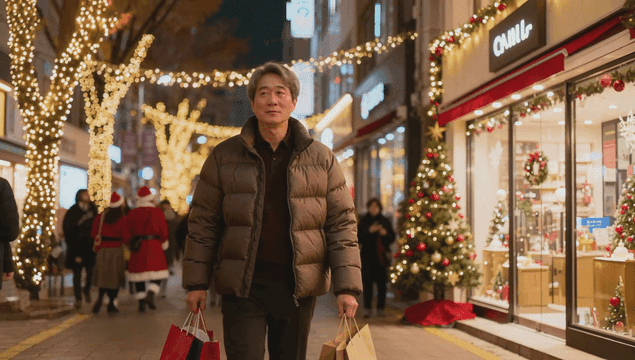 크리스마스 거리에서 쇼핑백을 들고가는 남성