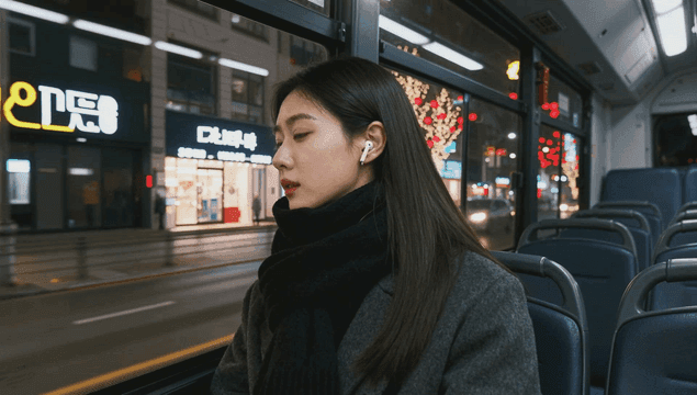 겨울 도로 야경 속 버스에 앉아 있는 여성