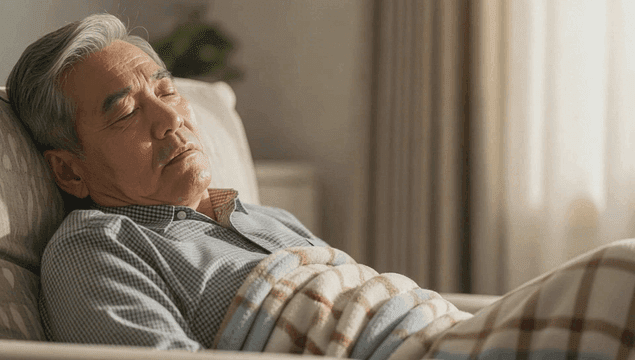 Elderly man peacefully napping on the sofa