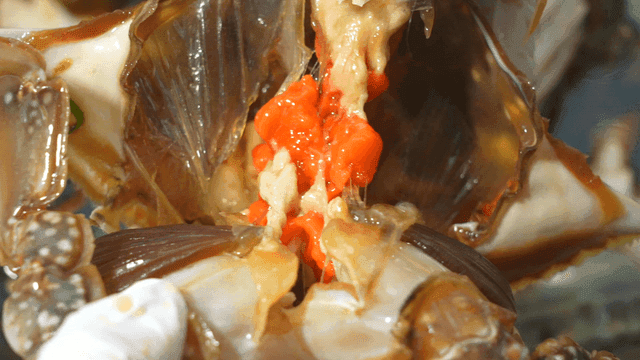 Soy sauce marinated crab split in half