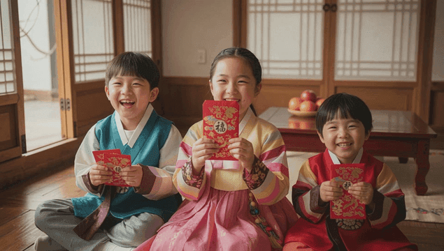 Children wearing hanbok and holding red New Year's money envelopes