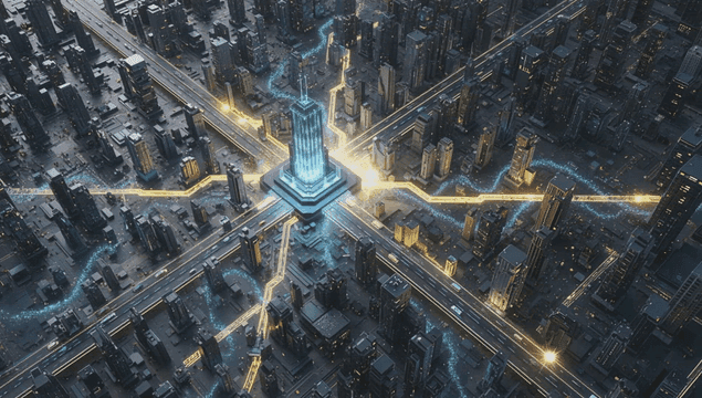 Virtual future city with glowing paths