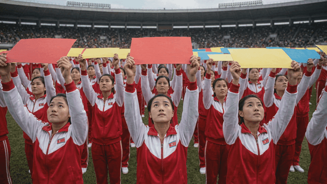 North Korean girls performing card section with colorful cards