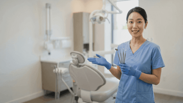 Dental hygienist holding dental tools at dental clinic
