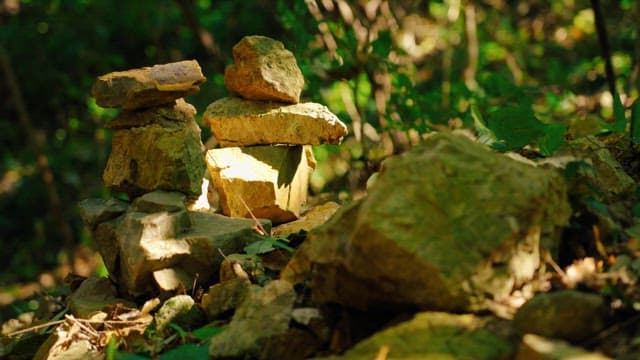 Stack of balanced stones in a sunlit forest