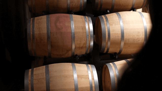 Wooden wine barrels in dark cellar