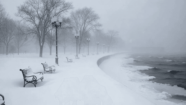 Snow-covered seaside park